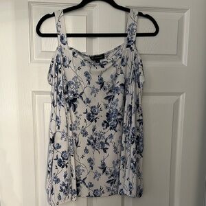 INC Floral Blue and White Long Sleeve Cold Shoulder Top